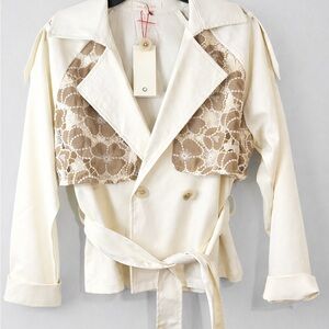 Solitaire cream cropped blazer/ trench style/ lece panels/ belted size s